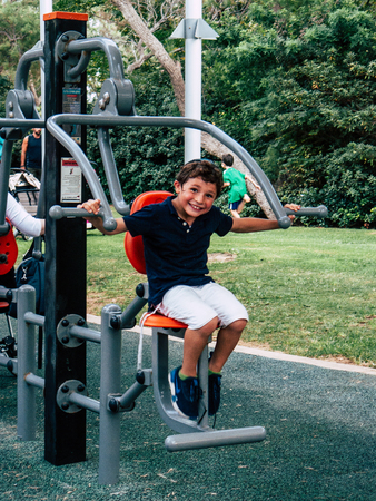 Tel Aviv Israel September 28, 2018 View of a unknown child playing in a public garden in Tel Aviv in...