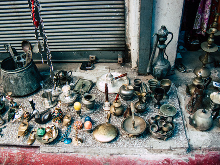 Tel Aviv Israel September 28, 2018 View of decorative objects sold at Jaffa's Flea Market located in Olei Zion Street in Tel Aviv in the afternoonのeditorial素材