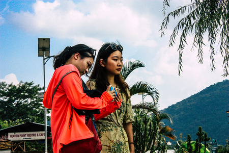 Pokhara Nepal September 29, 2018 View of unknowns Chinese tourist taking photos near the Phewa lake...