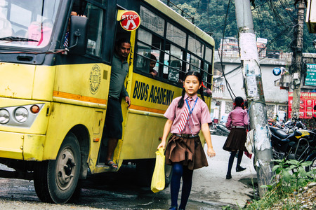 Pokhara Nepal October 4, 2018 Portrait of children coming from the school in a traditional Nepalese...