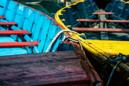 Pokhara Nepal October 9, 2018 View of colorful and traditional Nepalese boats at the Phewa lake of Pokhara in the morningのeditorial素材