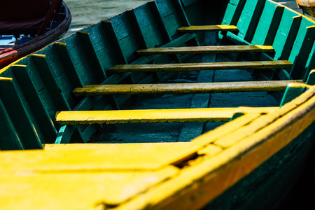 Pokhara Nepal October 9, 2018 View of colorful and traditional Nepalese boats at the Phewa lake of Pokhara in the morningのeditorial素材
