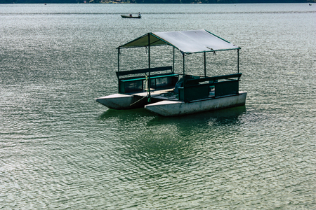 Pokhara Nepal October 9, 2018 View of colorful and traditional Nepalese boats at the Phewa lake of...