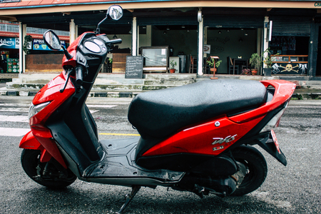 Pokhara Nepal october 12, 2018 View of a motorcycle parked in the main street of Pokhara in the morningのeditorial素材