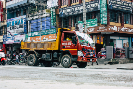 Pokhara Nepal October 12, 2018 View of a traditional Nepali local truck driving in New street at pokhara in the afternoonのeditorial素材