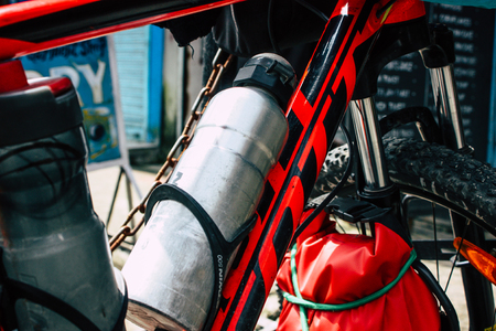 Kathmandu Nepal October 12, 2018 View of unknown Nepali people driving a bicycle in Kathmandu in the morningのeditorial素材