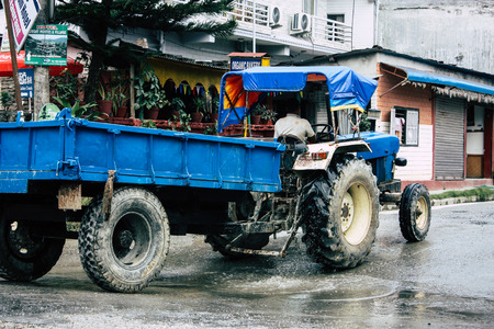 Pokhara Nepal October 12, 2018 View of a traditional Nepali tractor driving in New street at pokhara...
