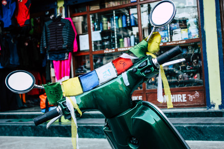 Pokhara Nepal october 12, 2018 View of a motorcycle parked in the main street of Pokhara in the morningのeditorial素材
