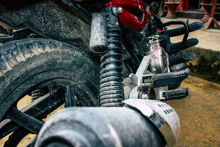 Pokhara Nepal october 12, 2018 View of a motorcycle parked in the main street of Pokhara in the morningのeditorial素材