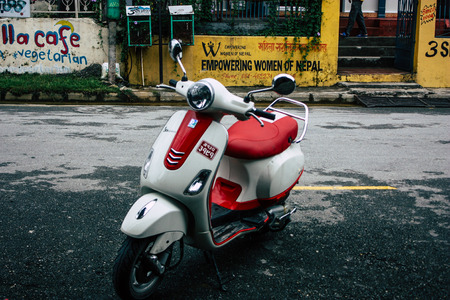 Pokhara Nepal october 12, 2018 View of a motorcycle parked in the main street of Pokhara in the morningのeditorial素材