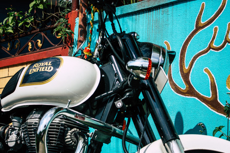 Pokhara Nepal October 12, 2018 View of a Royal Enfield motorcycle parked in the main street of Pokhara in the morningのeditorial素材