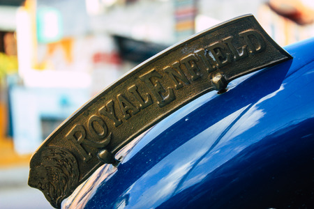 Pokhara Nepal October 15, 2018 View of a Royal Enfield Motorcycle parked in the main street of Pokhara in the afternoonのeditorial素材