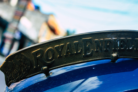 Pokhara Nepal October 15, 2018 View of a Royal Enfield Motorcycle parked in the main street of Pokhara in the afternoonのeditorial素材