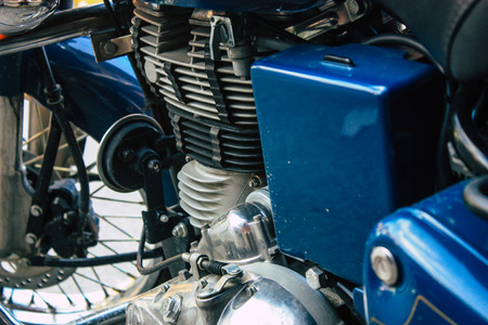 View of a Royal Enfield Motorcycle parked in the main street of Pokhara in the afternoonの写真素材