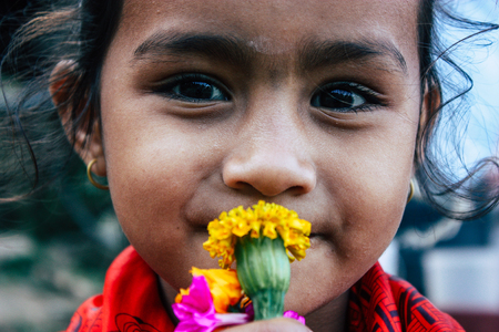 Bandipur Nepal October  15, 2018 Closeup of young children playing and having fun together in Bandipur in the afternoonのeditorial素材