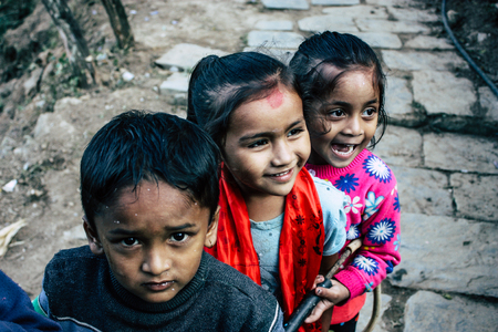Bandipur Nepal October  15, 2018 Closeup of young children playing and having fun together in Bandipur in the afternoonのeditorial素材