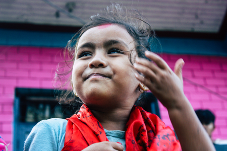 Bandipur Nepal October  15, 2018 Closeup of young children playing and having fun together in Bandipur in the afternoonのeditorial素材