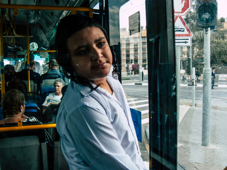 Jerusalem Israel October 15, 2018 View of unknown Israeli people traveling on public transport of the city of Jerusalem in the afternoonのeditorial素材