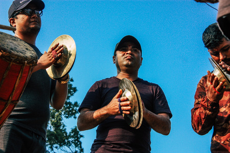 Bandipur Nepal October 16, 2018 View of a unknowns musicians playing in a religious  ceremony in the main street of Bandipur in the afternoonのeditorial素材