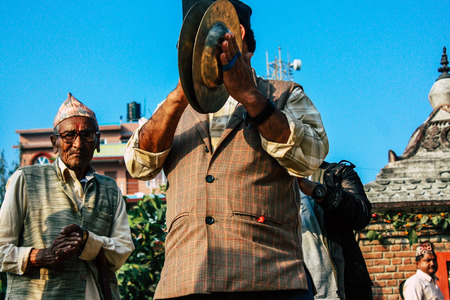 Bandipur Nepal October 16, 2018 View of a unknowns musicians playing in a religious  ceremony in the main street of Bandipur in the afternoonのeditorial素材