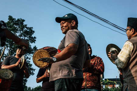 Bandipur Nepal October 16, 2018 View of a unknowns musicians playing in a religious  ceremony in the...