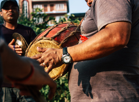 Bandipur Nepal October 16, 2018 View of a unknowns musicians playing in a religious  ceremony in the main street of Bandipur in the afternoonのeditorial素材