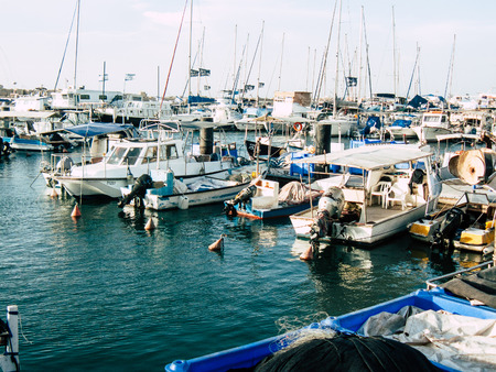 Tel Aviv Yafo Israel October 25, 2018  View of fishing boats in the Old Jaffa port, One of the oldest known harbours in the world located in the southern part of Tel Aviv in the afternoonのeditorial素材
