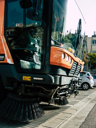 Tel Aviv Yafo Israel October 25, 2018 Closeup of a orange Israeli street cleaning machine in Jaffa...