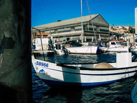 Tel Aviv Yafo Israel October 25, 2018  View of fishing boats in the Old Jaffa port, One of the...