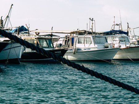 Tel Aviv Yafo Israel October 25, 2018  View of fishing boats in the Old Jaffa port, One of the oldest known harbours in the world located in the southern part of Tel Aviv in the afternoonのeditorial素材