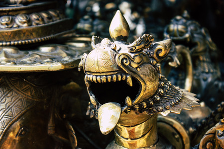 Kathmandu Nepal October 27, 2018 Closeup of Nepalese decorative objects sold in a souvenir shop at Thamel street in Kathmandu in the morningの写真素材