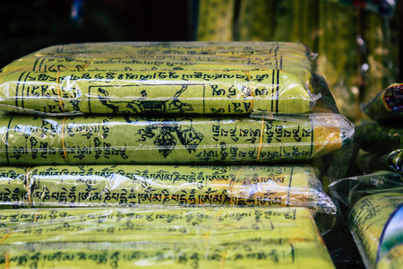 Kathmandu Nepal October 29, 2018 Closeup of Nepalese decorative objects sold in a souvenirs shop at Thamel street in Kathmandu in the morningのeditorial素材