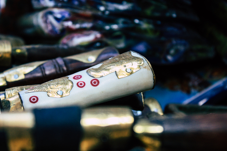 Kathmandu Nepal October 29, 2018 Closeup of Nepalese decorative objects sold in a souvenirs shop at Thamel street in Kathmandu in the morningの写真素材