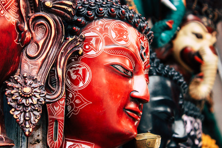 Kathmandu Nepal October 29, 2018 Closeup of Nepalese decorative objects sold in a souvenirs shop at Thamel street in Kathmandu in the morningの写真素材