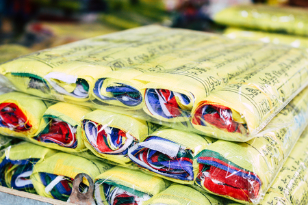Kathmandu Nepal October 29, 2018 Closeup of Nepalese decorative objects sold in a souvenirs shop at Thamel street in Kathmandu in the morningのeditorial素材
