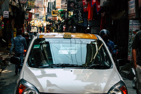 Kathmandu Nepal October 29, 2018 View of Nepali taxi at Thamel street in Kathmandu in the morningのeditorial素材