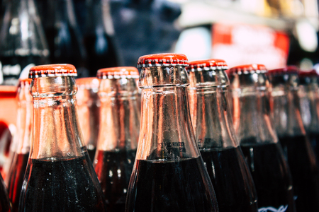 Kathmandu Nepal October 29, 2018 Closeup of soft drink bottles delivered in Thamel shops in the morningのeditorial素材