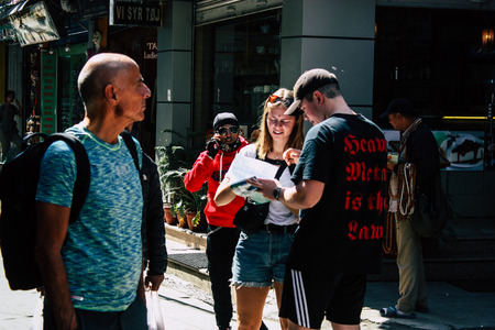 Kathmandu Nepal October 29, 2018 View of unknown people walking in Thamel street in Kathmandu in the morningのeditorial素材