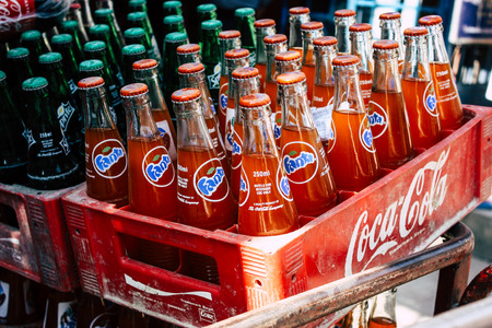 Kathmandu Nepal October 29, 2018 Closeup of soft drink bottles delivered in Thamel shops in the morningのeditorial素材