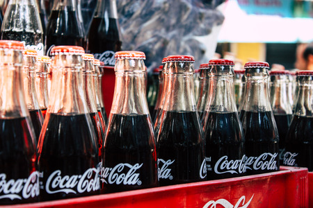 Kathmandu Nepal October 29, 2018 Closeup of soft drink bottles delivered in Thamel shops in the morningのeditorial素材