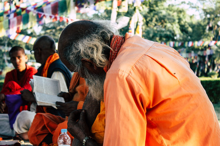 Lumbini Nepal November 2, 2018 View of Saddhu praying under the holy tree at the Sacred Buddha garden in Lumbini in the afternoonのeditorial素材