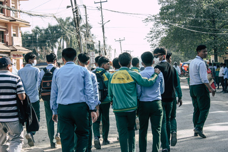 Lumbini Nepal November 2, 2018 View of unknowns teenagers visiting the Sacred Buddha garden, place where Buddha born in Lumbini in the afternoonのeditorial素材