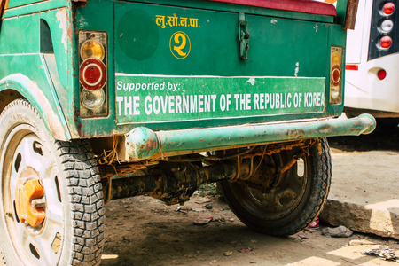 Lumbini Nepal November 3, 2018 Closeup of a rickshaw parked at the entry of the Buddha Garden in...