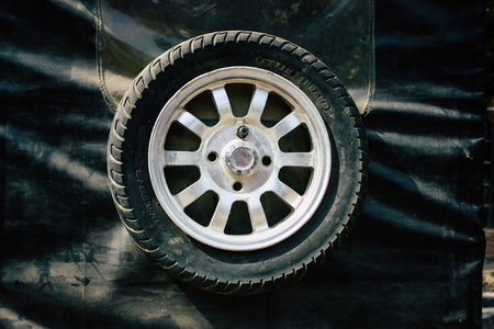 Lumbini Nepal November 3, 2018 Closeup of a rickshaw parked at the entry of the Buddha Garden in Lumbini in the afternoonのeditorial素材