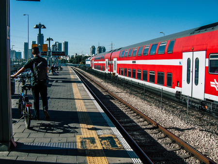 Tel Aviv Israel November 3, 2018  View of unknown Israeli passengers traveling by train at the Tel...