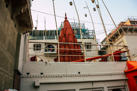 Varanasi India November 8, 2018 View of the facade of the building located at Varanasi ghats front the Ganga river in the afternoonのeditorial素材