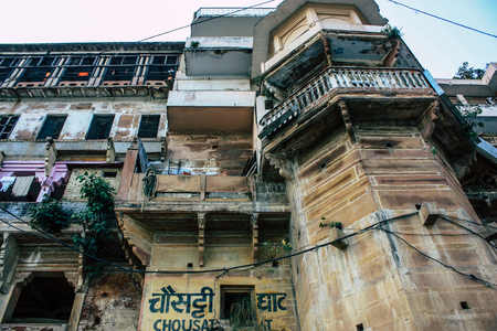 Varanasi India November 8, 2018 View of the facade of the building located at Varanasi ghats front the Ganga river in the afternoonのeditorial素材