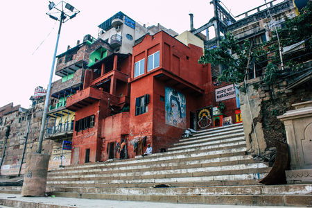 Varanasi India November 8, 2018 View of the facade of the building located at Varanasi ghats front the Ganga river in the afternoonのeditorial素材