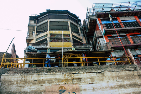 Varanasi India November 8, 2018 View of the facade of the building located at Varanasi ghats front the Ganga river in the afternoonのeditorial素材