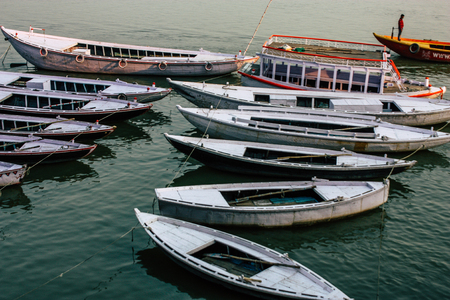 Varanasi India November 8, 2018 View of Indian boats parked at the Ganga river in Varanasi in the...